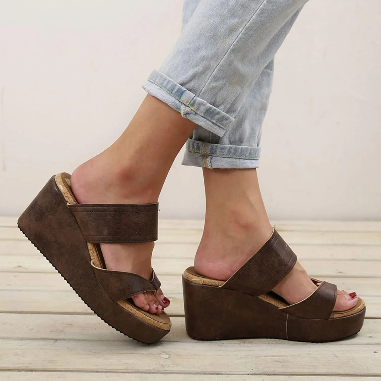 Women Wedge Sandals High Wedge Heel Platform Flip Flops Casual Clip Toe Thong Sandals, Two Band Comfort Dressy Summer Canvas Slides for Women Walking Beach Vacation