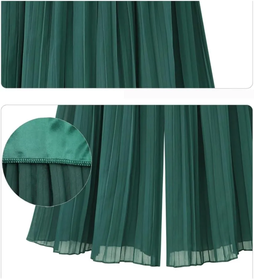 Women's 2024 Pleated Flowy Wide Leg Pants Elastic Waist A Line Chiffon Culottes
