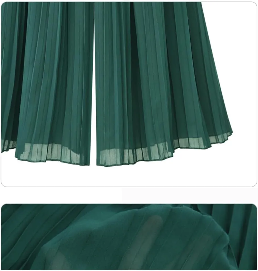 Women's 2024 Pleated Flowy Wide Leg Pants Elastic Waist A Line Chiffon Culottes
