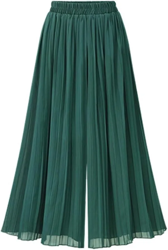 Women's 2024 Pleated Flowy Wide Leg Pants Elastic Waist A Line Chiffon Culottes