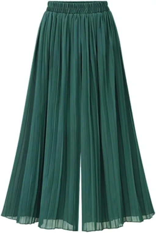 Women's 2024 Pleated Flowy Wide Leg Pants Elastic Waist A Line Chiffon Culottes