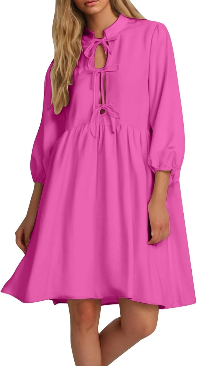 Women's Babydoll Dress Crewneck Long Puff Sleeve Tie Front Ruffle A-Line Mini Dress Cute Mini Tunic Dresses 2025