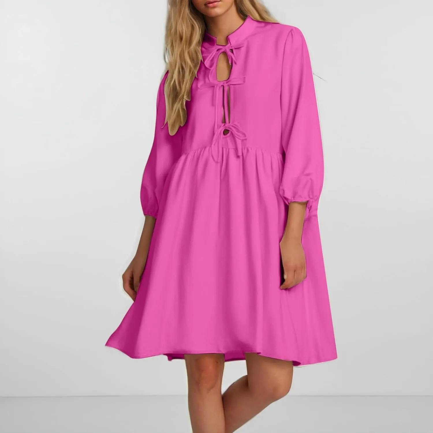 Women's Babydoll Dress Crewneck Long Puff Sleeve Tie Front Ruffle A-Line Mini Dress Cute Mini Tunic Dresses 2025