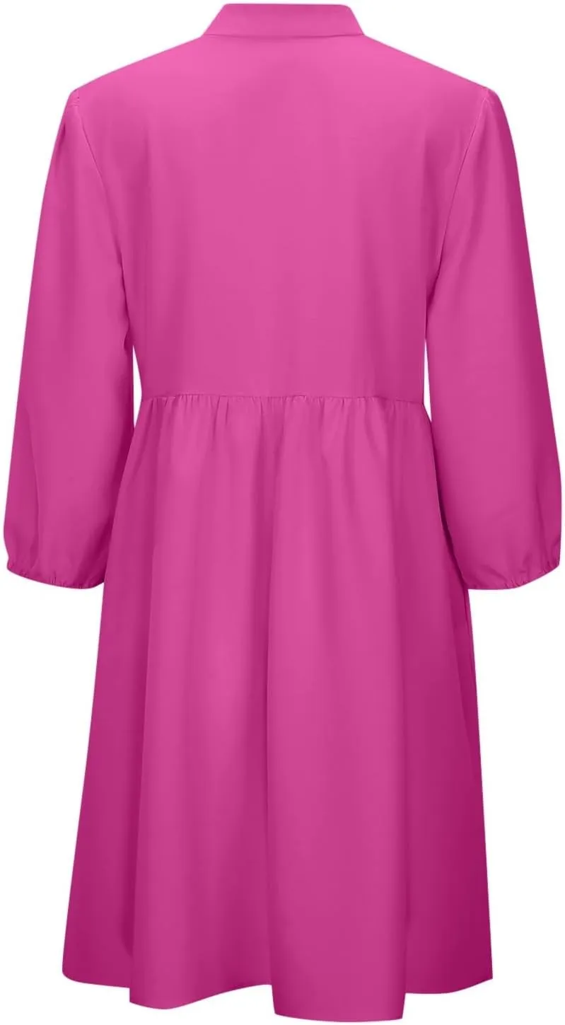 Women's Babydoll Dress Crewneck Long Puff Sleeve Tie Front Ruffle A-Line Mini Dress Cute Mini Tunic Dresses 2025