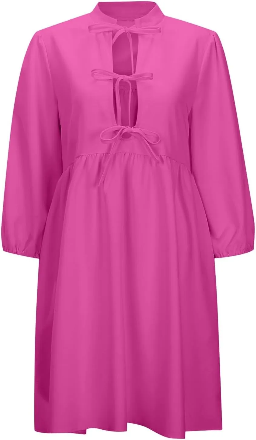 Women's Babydoll Dress Crewneck Long Puff Sleeve Tie Front Ruffle A-Line Mini Dress Cute Mini Tunic Dresses 2025