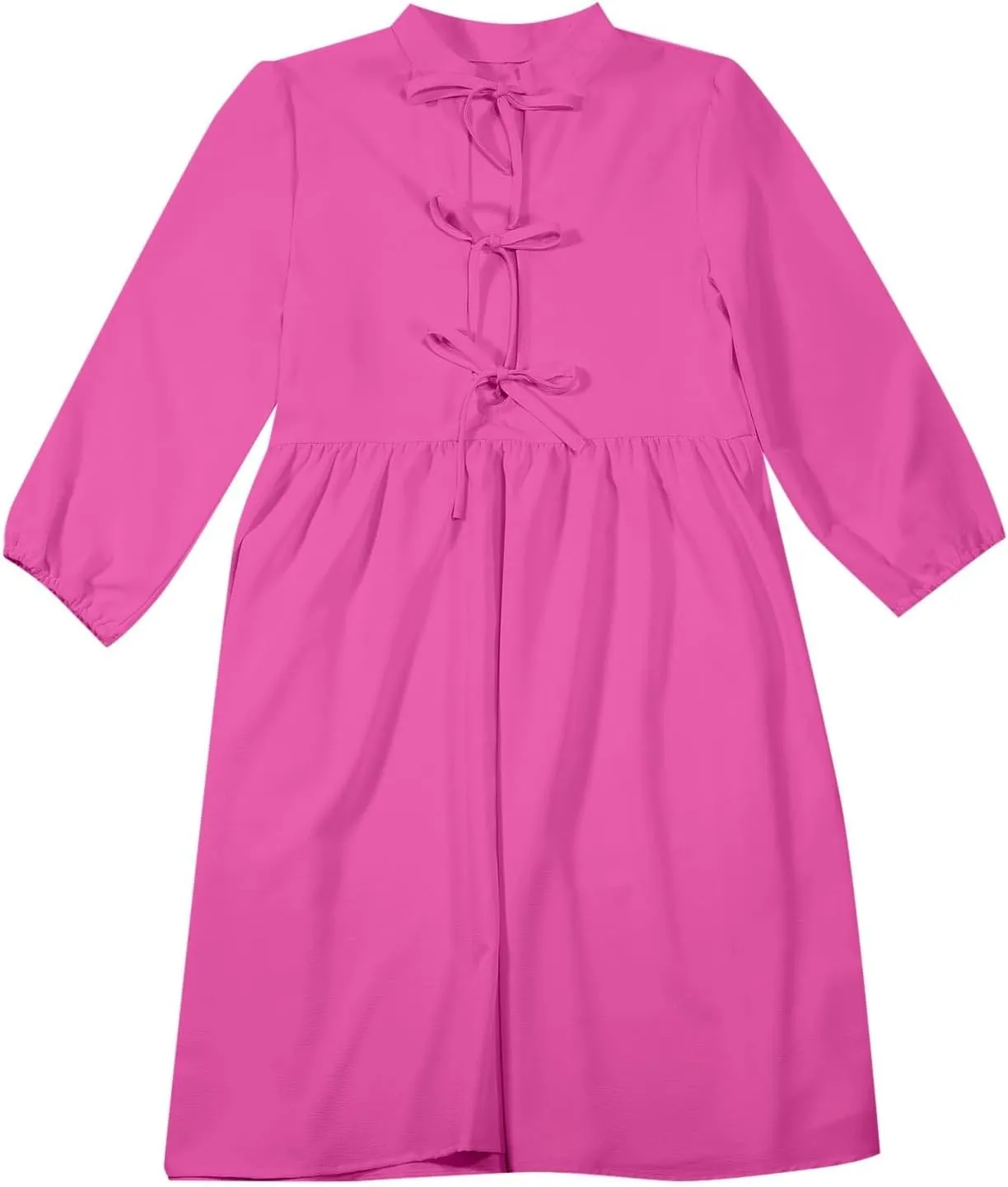 Women's Babydoll Dress Crewneck Long Puff Sleeve Tie Front Ruffle A-Line Mini Dress Cute Mini Tunic Dresses 2025