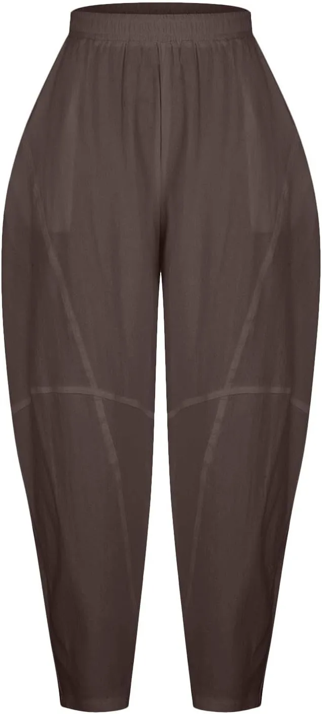 Women's Casual Cotton Linen Baggy Pants Elastic Waist Relaxed Fit Lantern Trousers Wide Leg Tapered Pants with Pockets