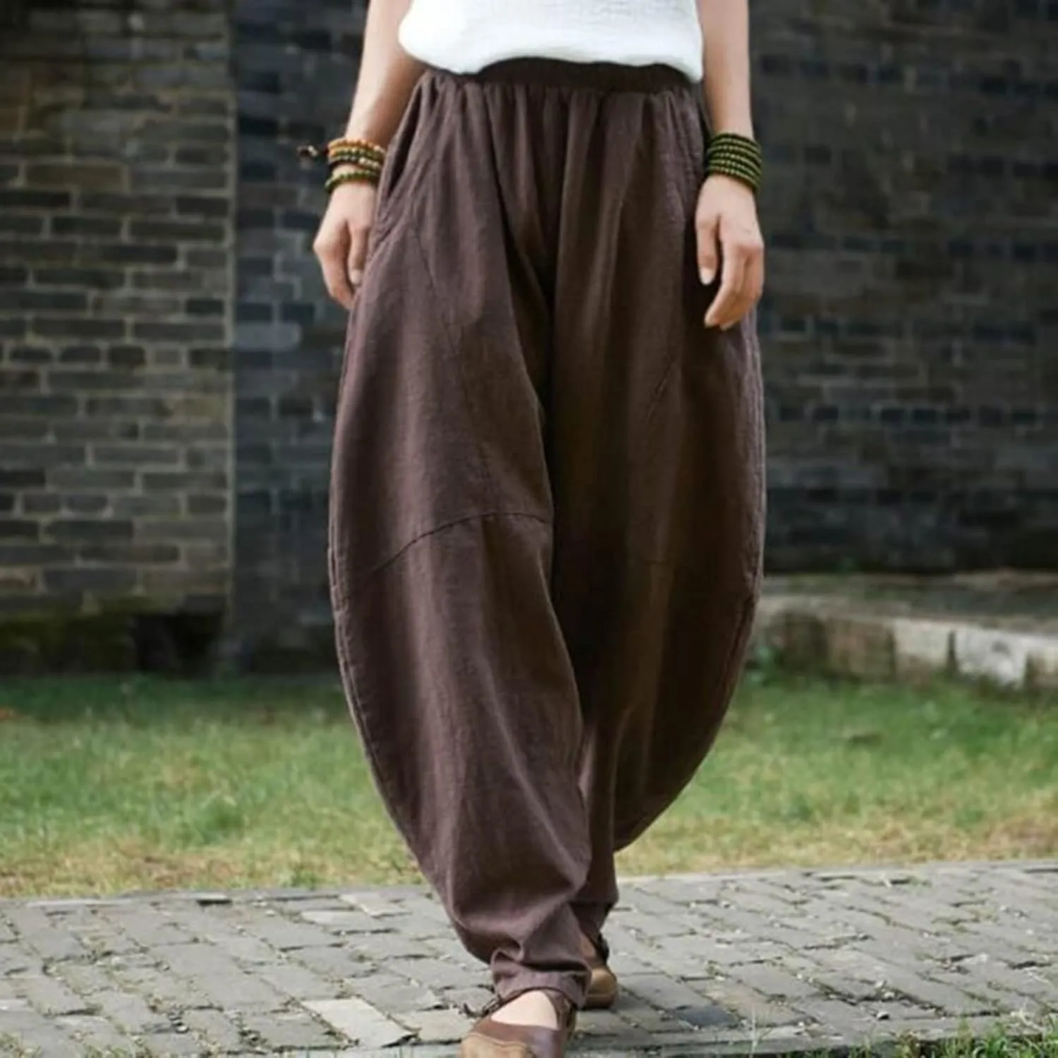 Women's Casual Cotton Linen Baggy Pants Elastic Waist Relaxed Fit Lantern Trousers Wide Leg Tapered Pants with Pockets