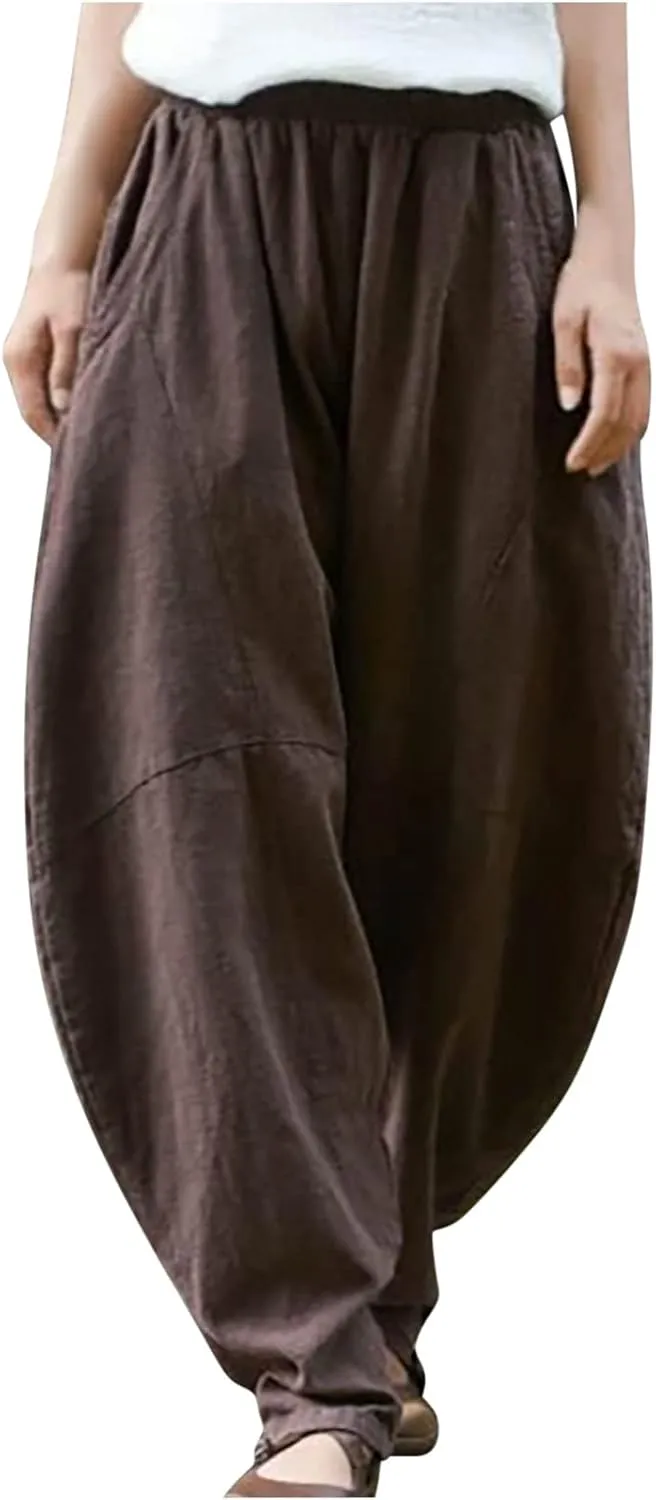 Women's Casual Cotton Linen Baggy Pants Elastic Waist Relaxed Fit Lantern Trousers Wide Leg Tapered Pants with Pockets