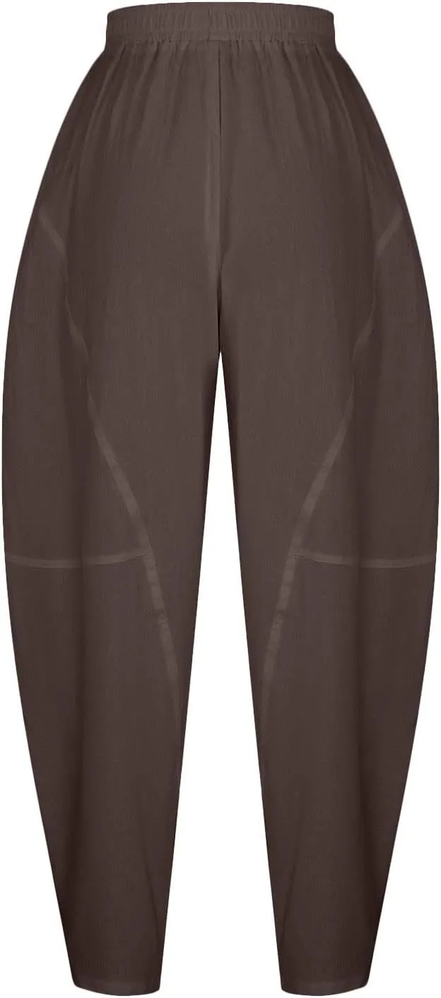 Women's Casual Cotton Linen Baggy Pants Elastic Waist Relaxed Fit Lantern Trousers Wide Leg Tapered Pants with Pockets