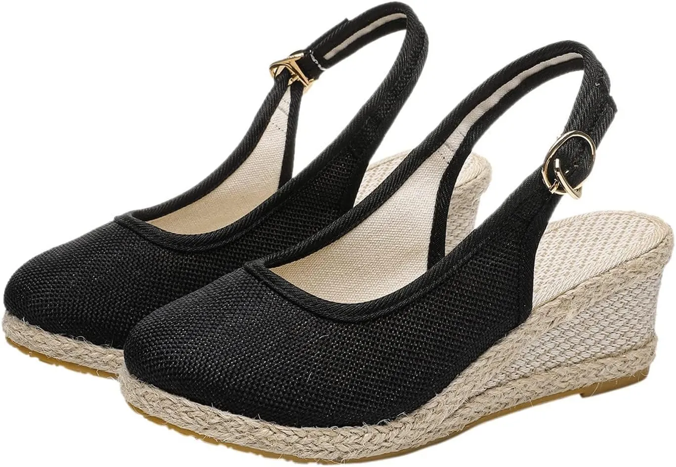 Womens Closed Toe Espadrille Wedge Heels Sandals, 2025 Retro Casual Ankle Strap Platform Wedges Summer Canvas Wide Width Sandal Pumps Low Chunky Rounded Elegant Working Espadrilles Shoes