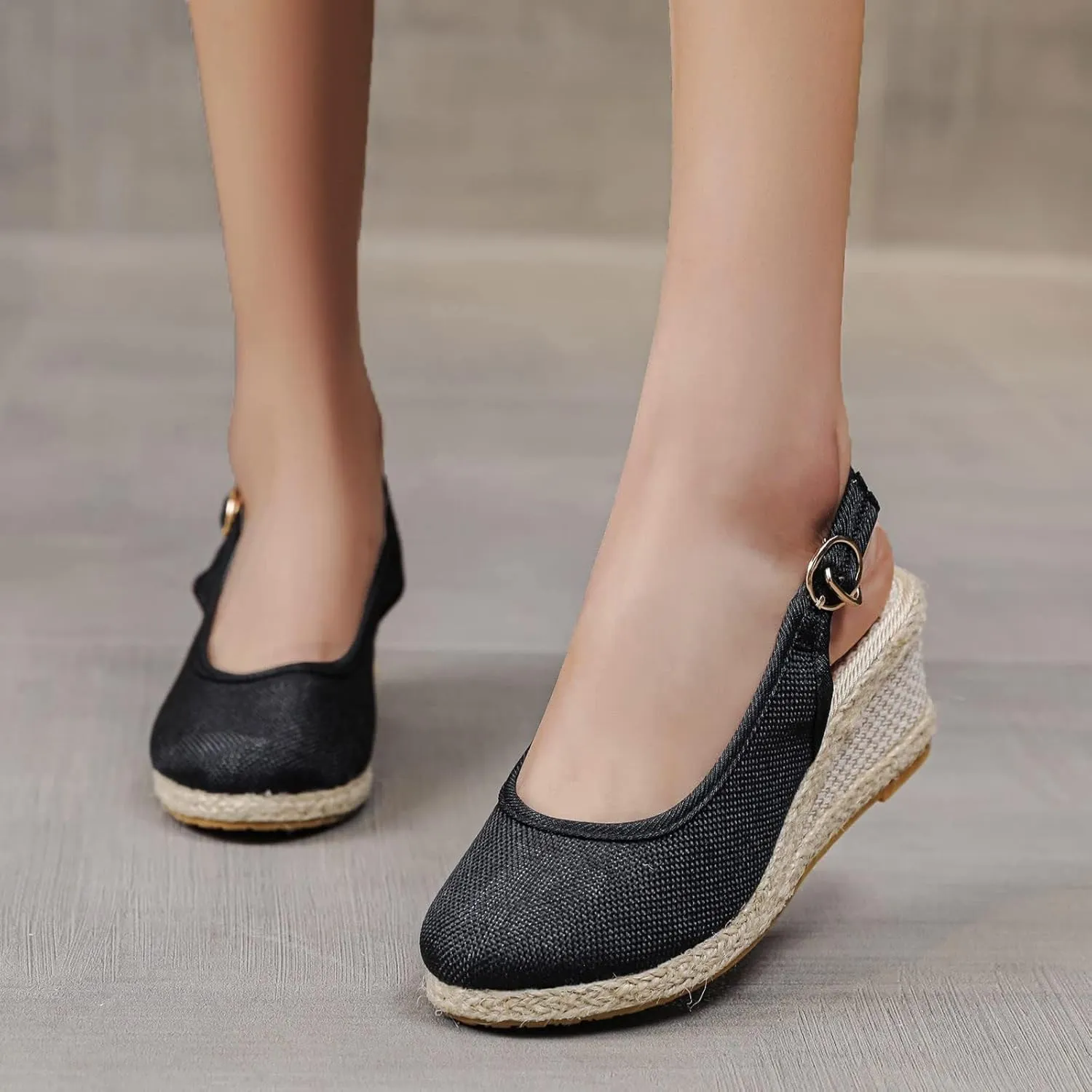 Womens Closed Toe Espadrille Wedge Heels Sandals, 2025 Retro Casual Ankle Strap Platform Wedges Summer Canvas Wide Width Sandal Pumps Low Chunky Rounded Elegant Working Espadrilles Shoes