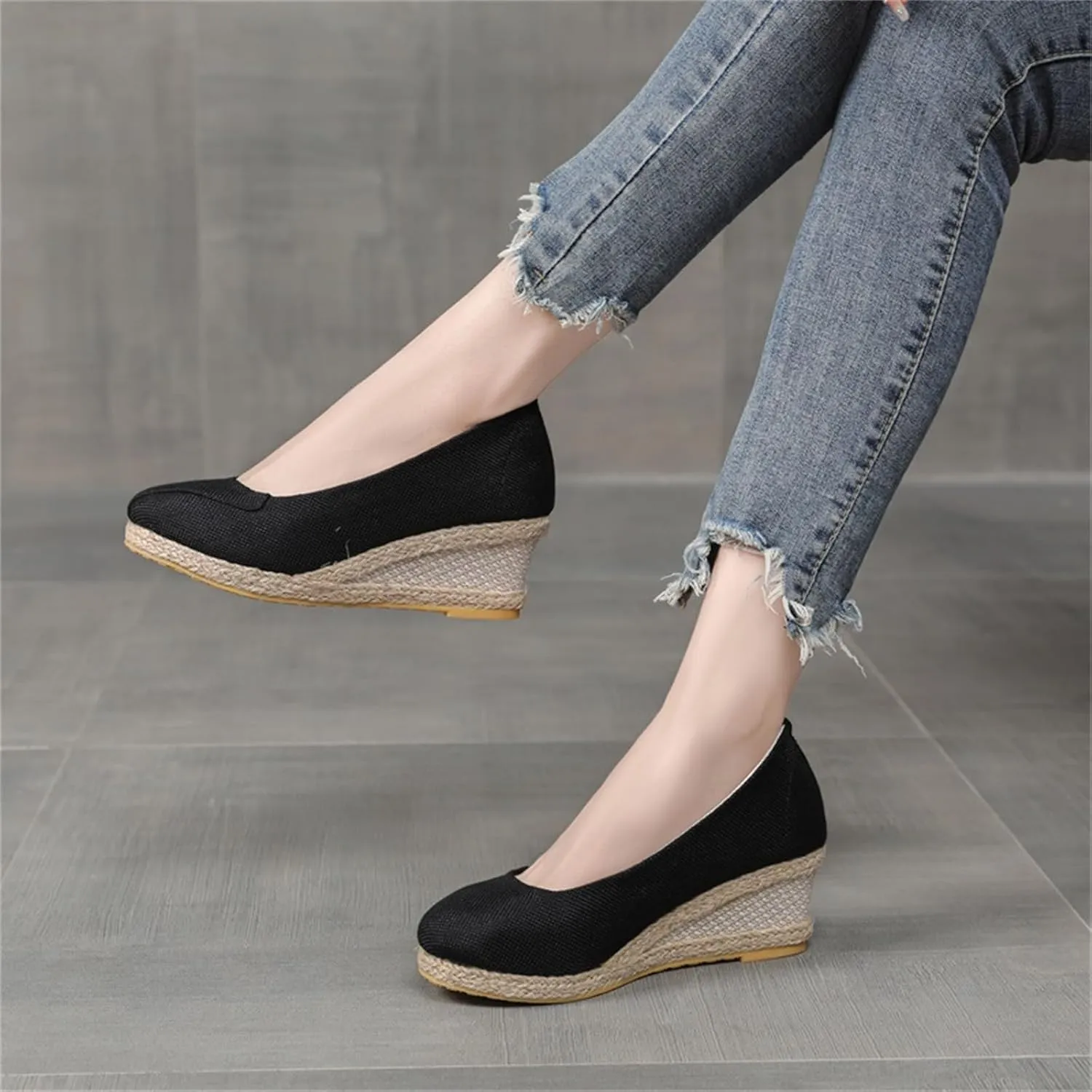 Women's Closed Toe Espadrilles Wedge Sandals Round Slip On Comfy Platform Pumps Shoes Solid Color Pointed Comfortable Espadrille Wedges Canvas Wide Width Sandal Dressy Casual Summer