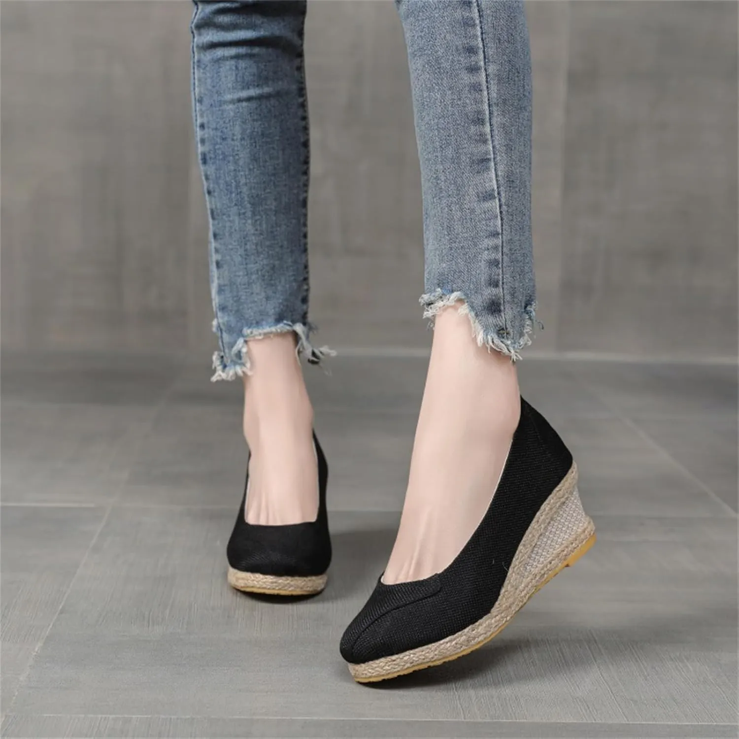Women's Closed Toe Espadrilles Wedge Sandals Round Slip On Comfy Platform Pumps Shoes Solid Color Pointed Comfortable Espadrille Wedges Canvas Wide Width Sandal Dressy Casual Summer