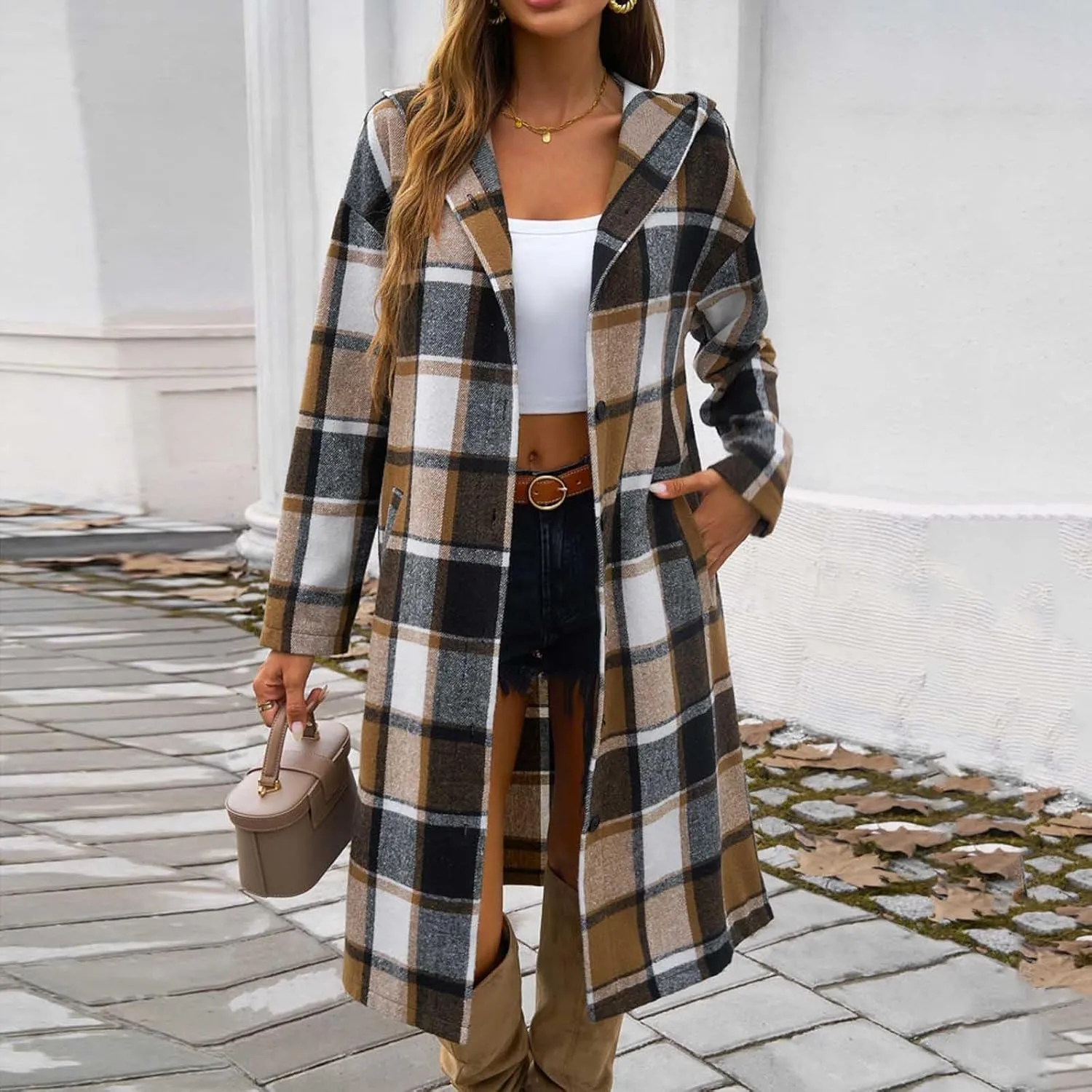 Women's Color Block Plaid Shirts Button Down Long Sleeve Pockets Blouse Tops Fashion Coat Winter Trench Coats for Womens Coat