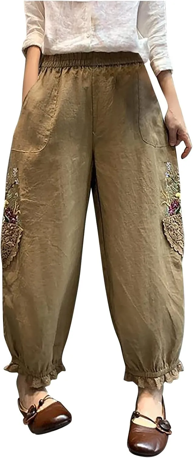 Women's Cotton Linen Harem Pants, Vintage Lace Embroidered Patchwork High Waist Ruffle Yoga Boho Trousers with Pockets