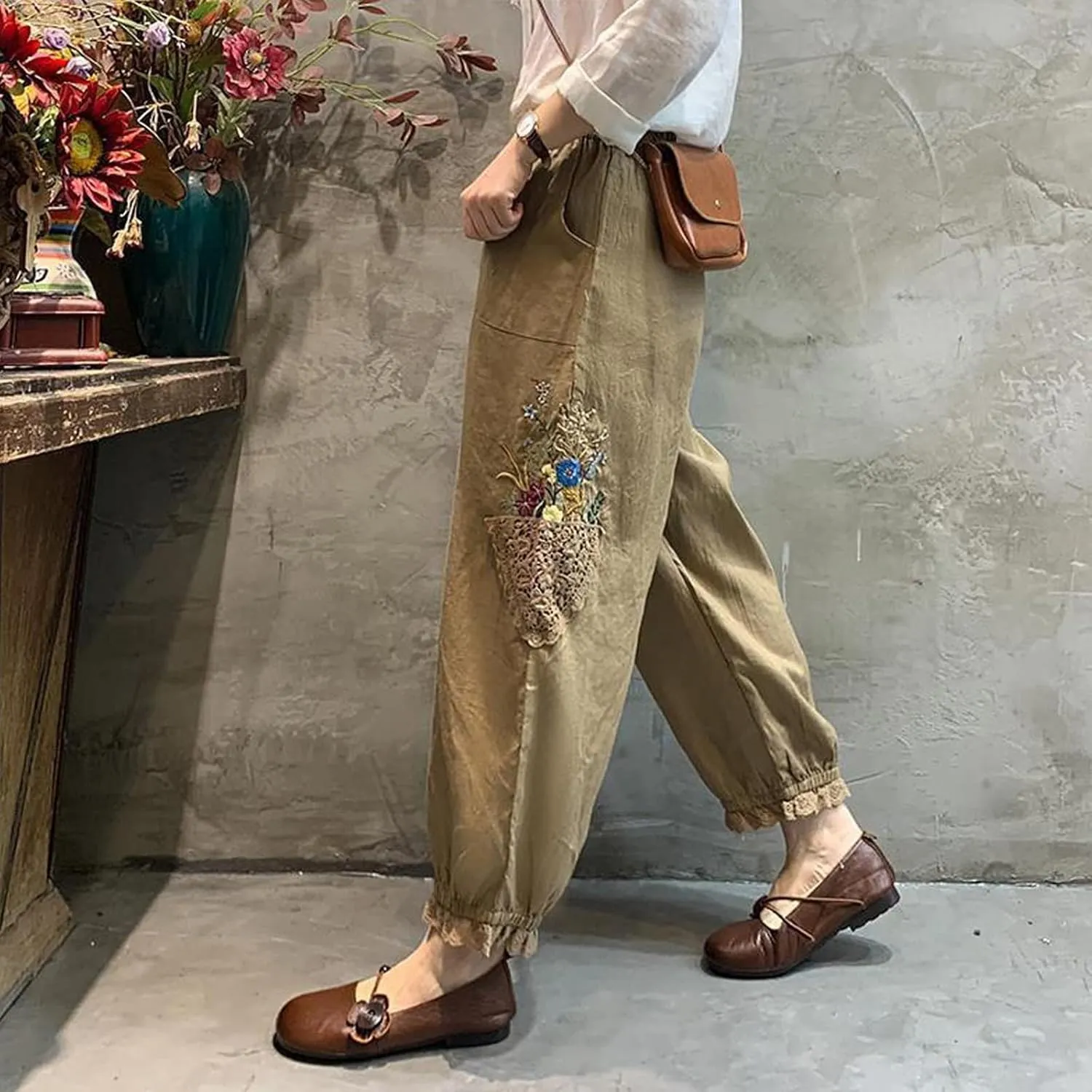 Women's Cotton Linen Harem Pants, Vintage Lace Embroidered Patchwork High Waist Ruffle Yoga Boho Trousers with Pockets