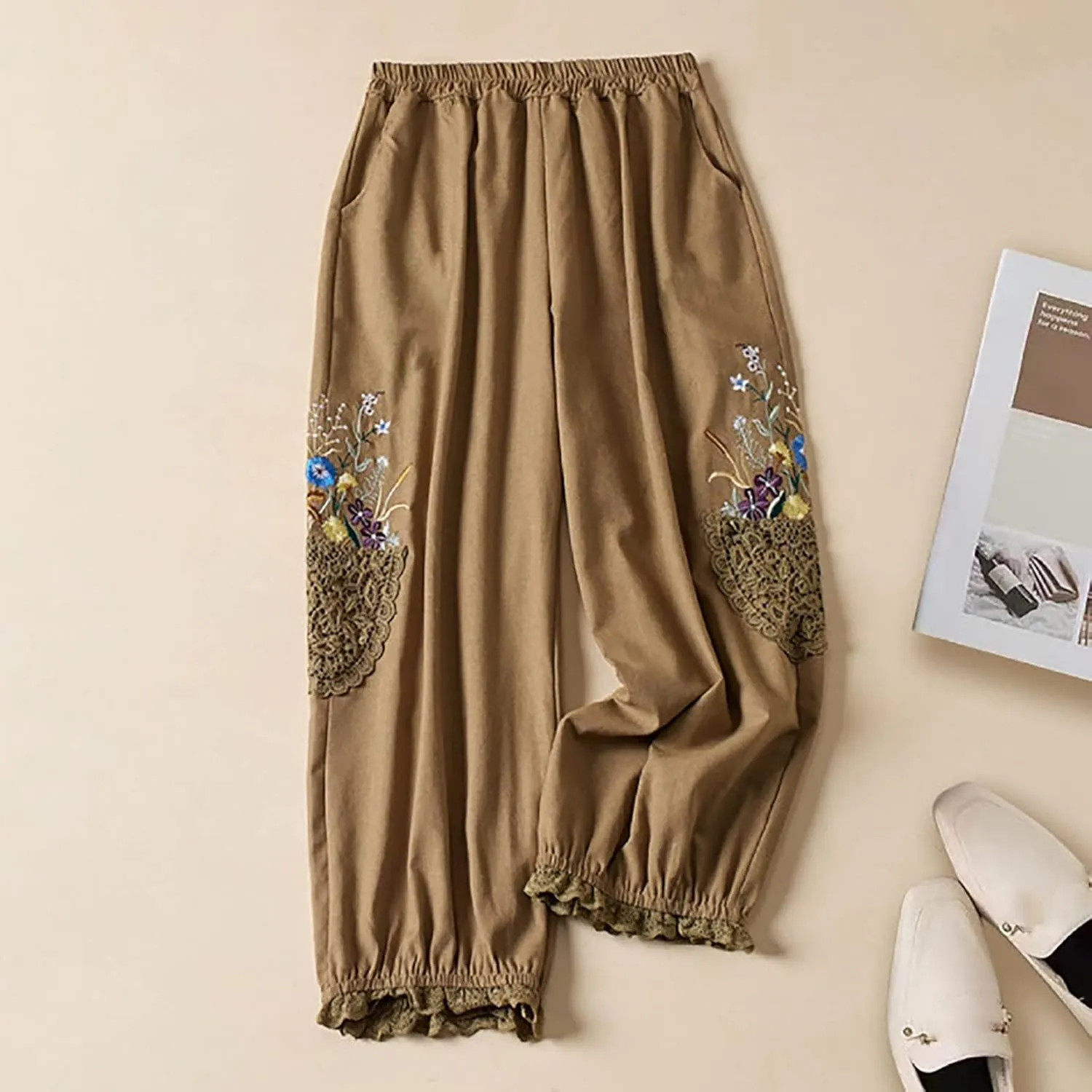 Women's Cotton Linen Harem Pants, Vintage Lace Embroidered Patchwork High Waist Ruffle Yoga Boho Trousers with Pockets