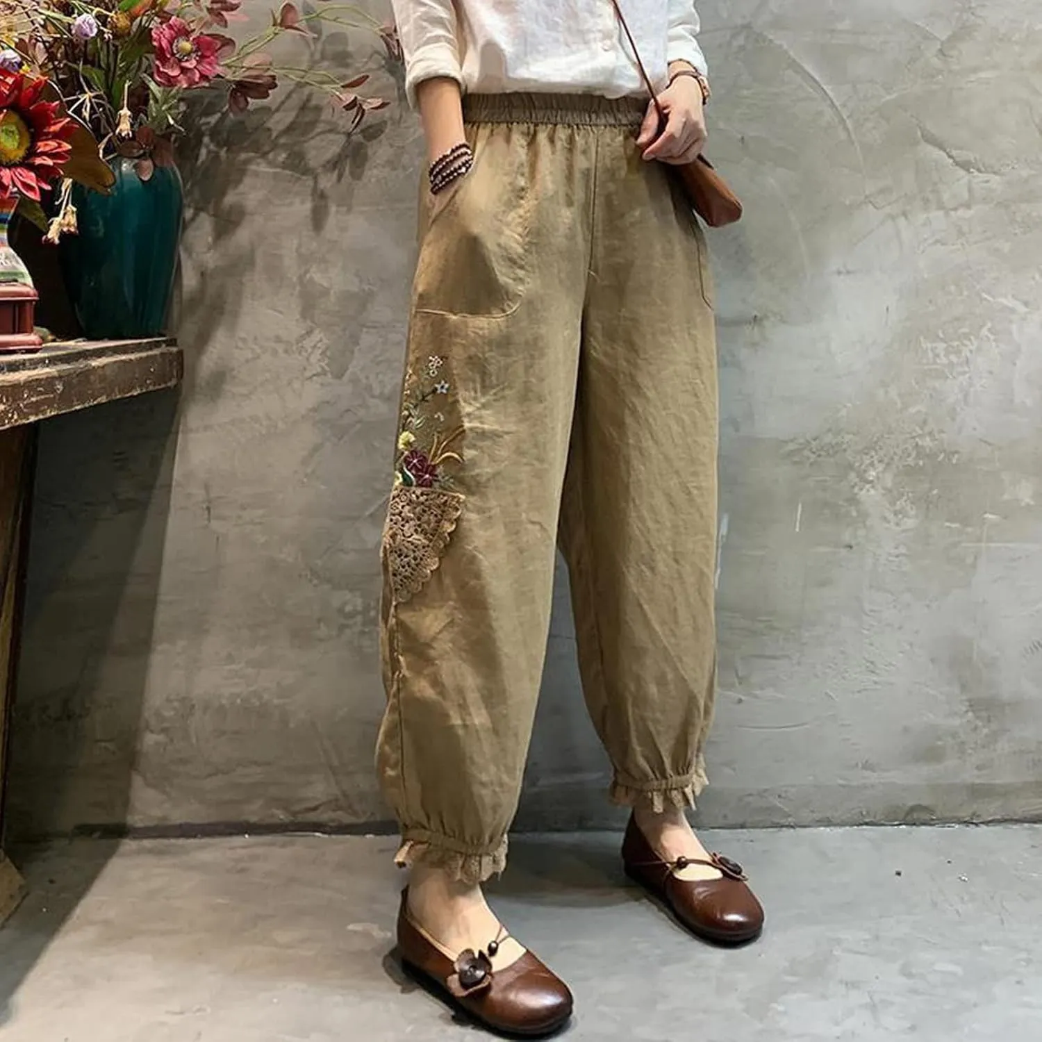 Women's Cotton Linen Harem Pants, Vintage Lace Embroidered Patchwork High Waist Ruffle Yoga Boho Trousers with Pockets