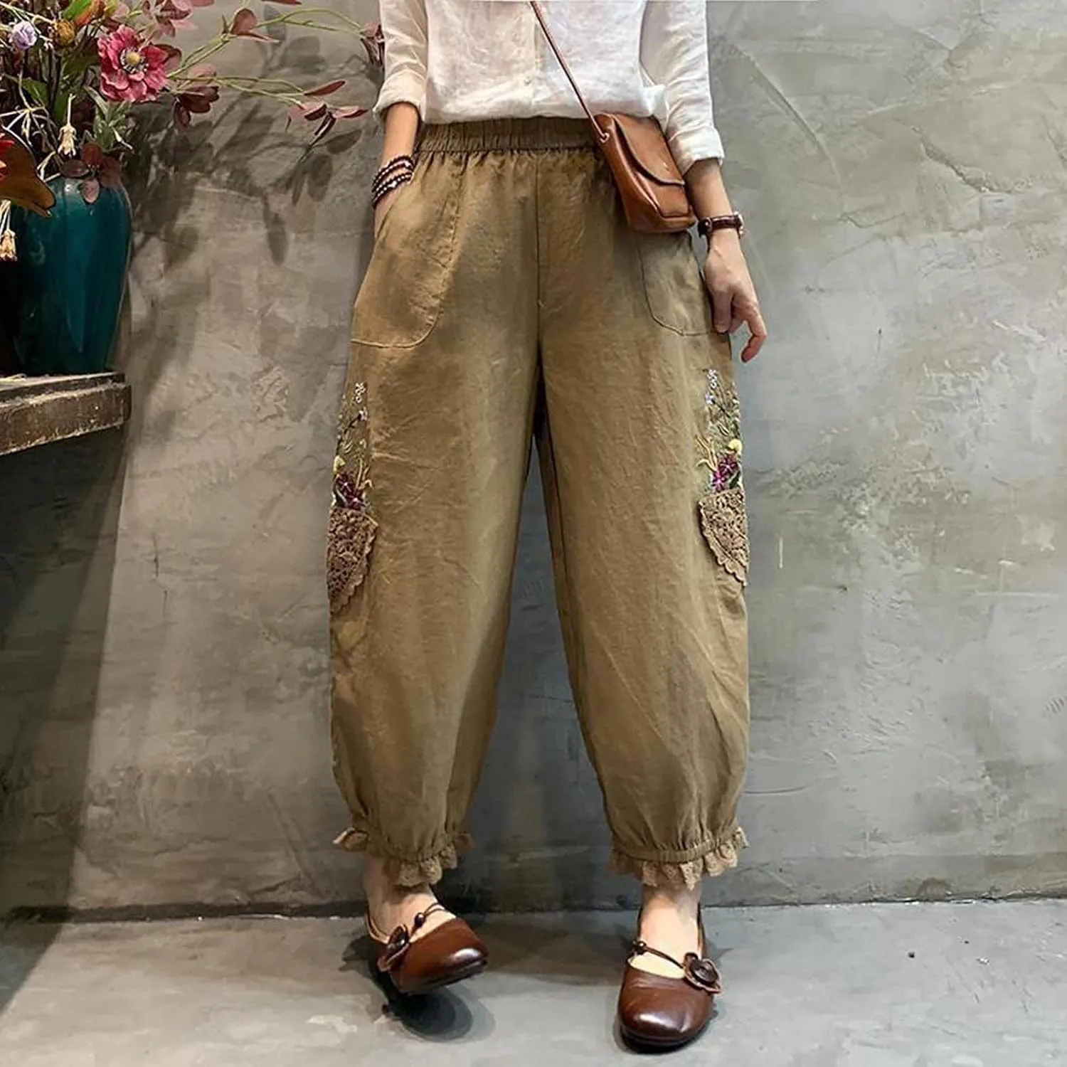 Women's Cotton Linen Harem Pants, Vintage Lace Embroidered Patchwork High Waist Ruffle Yoga Boho Trousers with Pockets