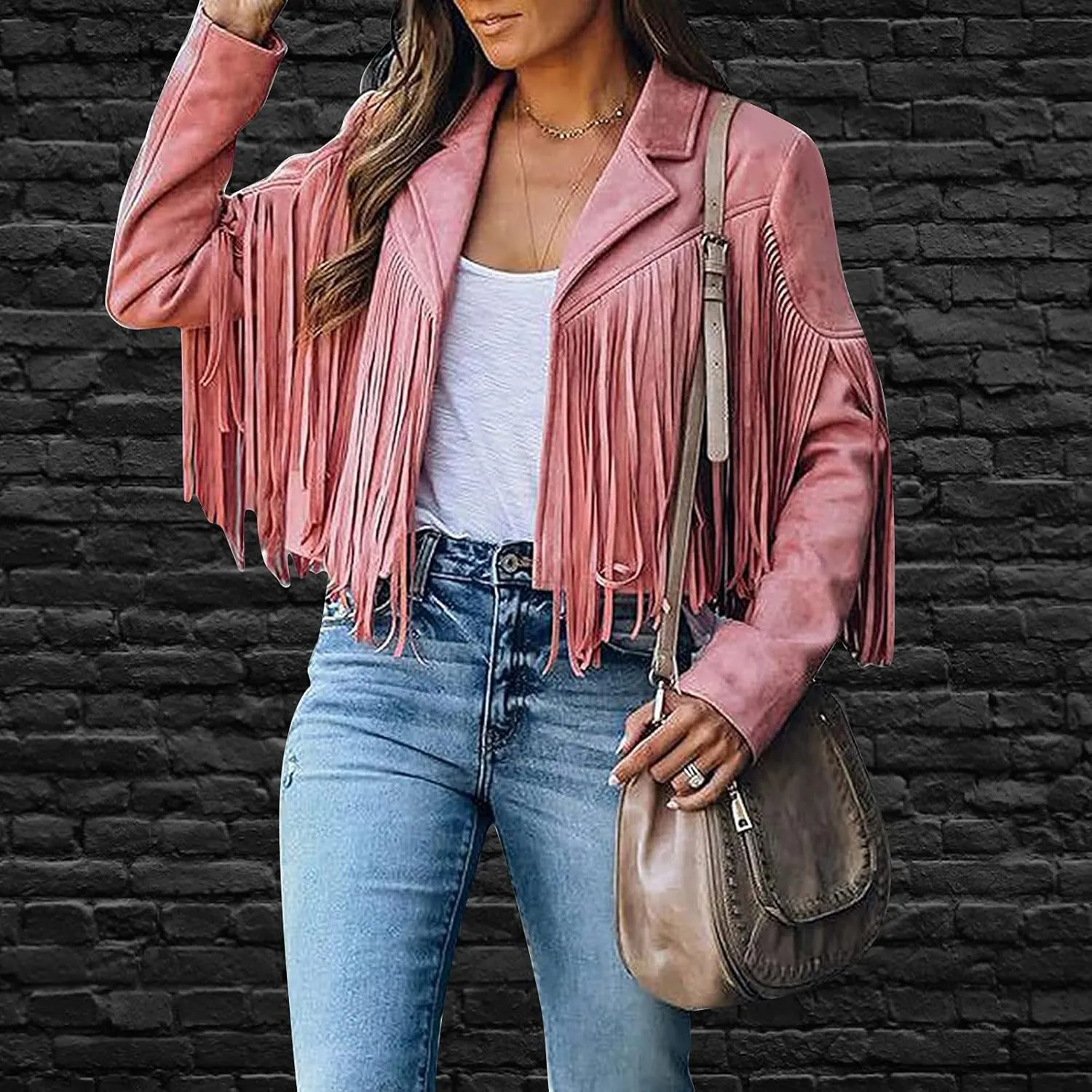 Womens Fashion Cropped Jacket Tassel Fringe Faux Suede Leather Fall Winter Coat Long Sleeve Lapel Moto Tops Outwear