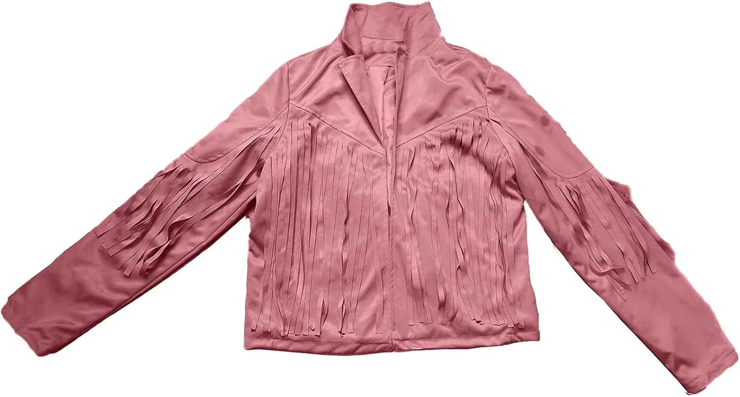 Womens Fashion Cropped Jacket Tassel Fringe Faux Suede Leather Fall Winter Coat Long Sleeve Lapel Moto Tops Outwear