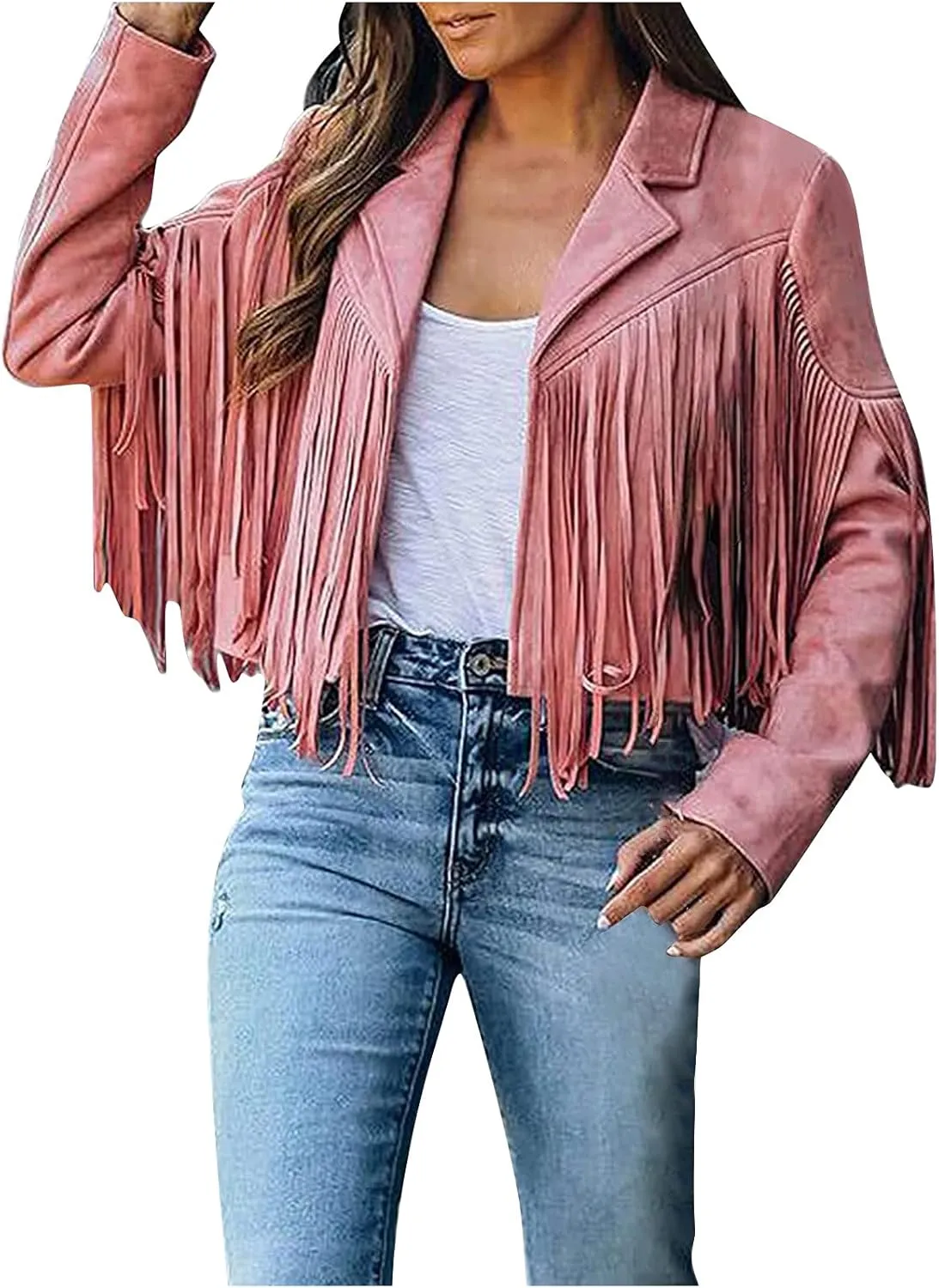 Womens Fashion Cropped Jacket Tassel Fringe Faux Suede Leather Fall Winter Coat Long Sleeve Lapel Moto Tops Outwear