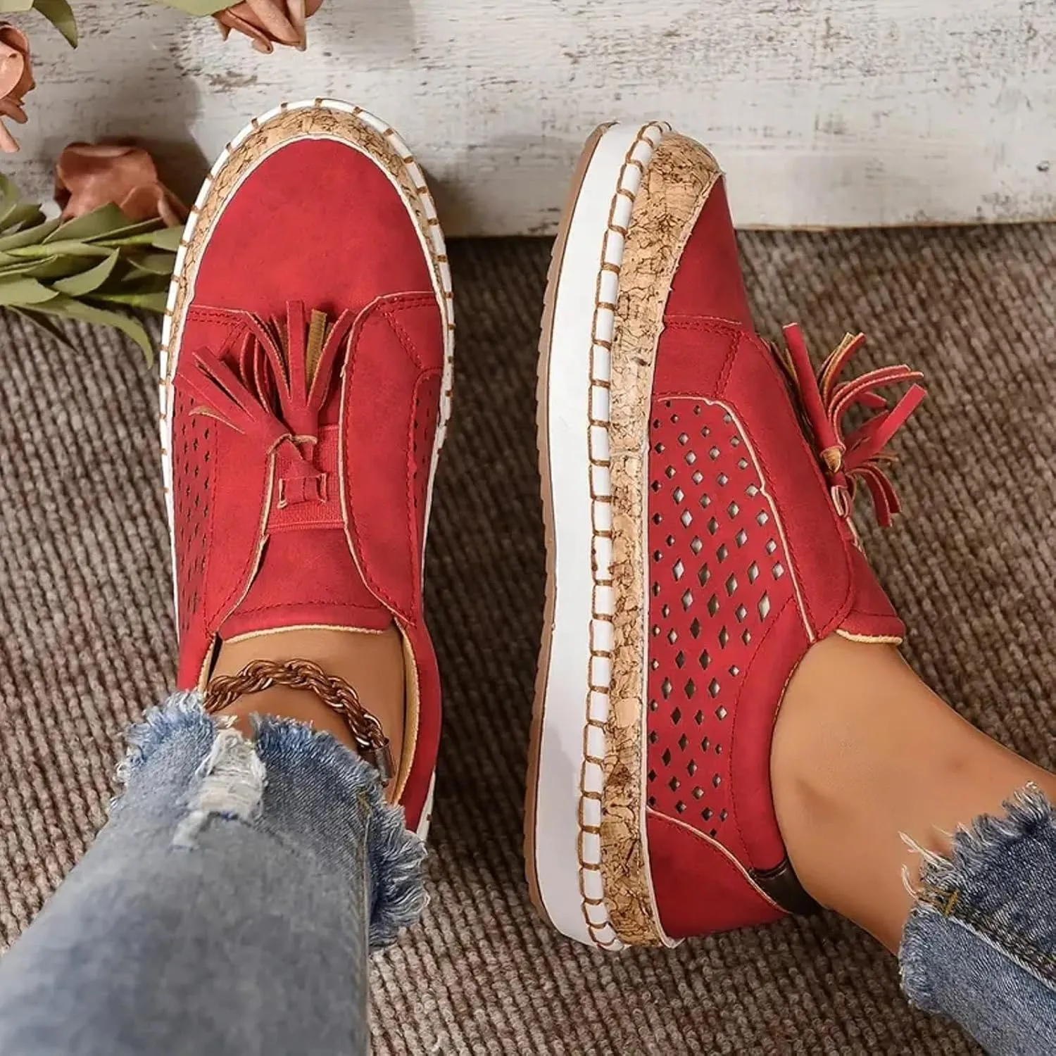 Women's Fashion Fringe Hollow Out Round Toe Flat Slip On Shoes Shoes Women Sneakers Sneaker Skate