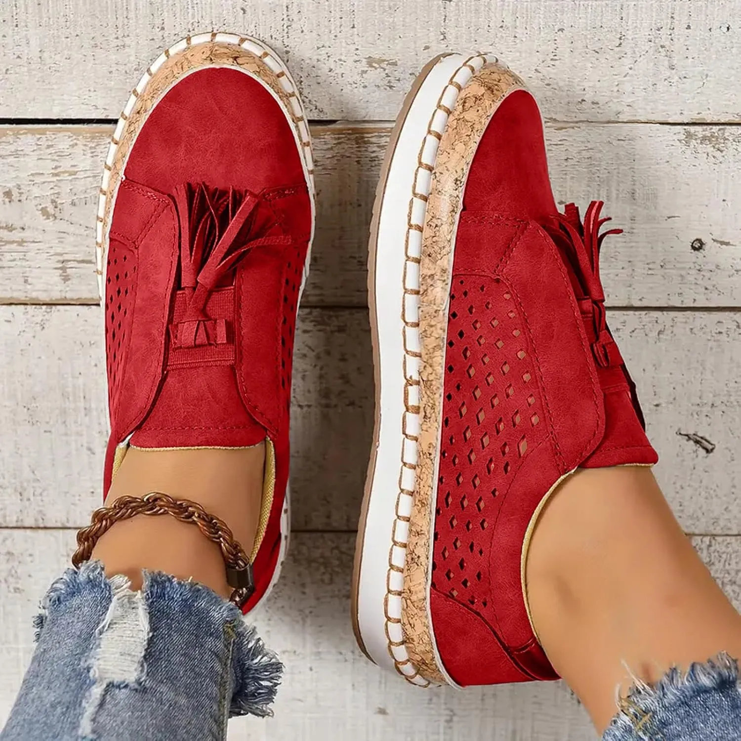 Women's Fashion Fringe Hollow Out Round Toe Flat Slip On Shoes Shoes Women Sneakers Sneaker Skate