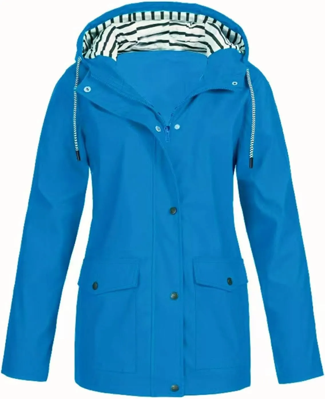 Womens Fashion Rain Jacket with Hood Plus Size Lightweight Windbreaker Zip Up Drawstring Raincoat Windproof Trench Coat