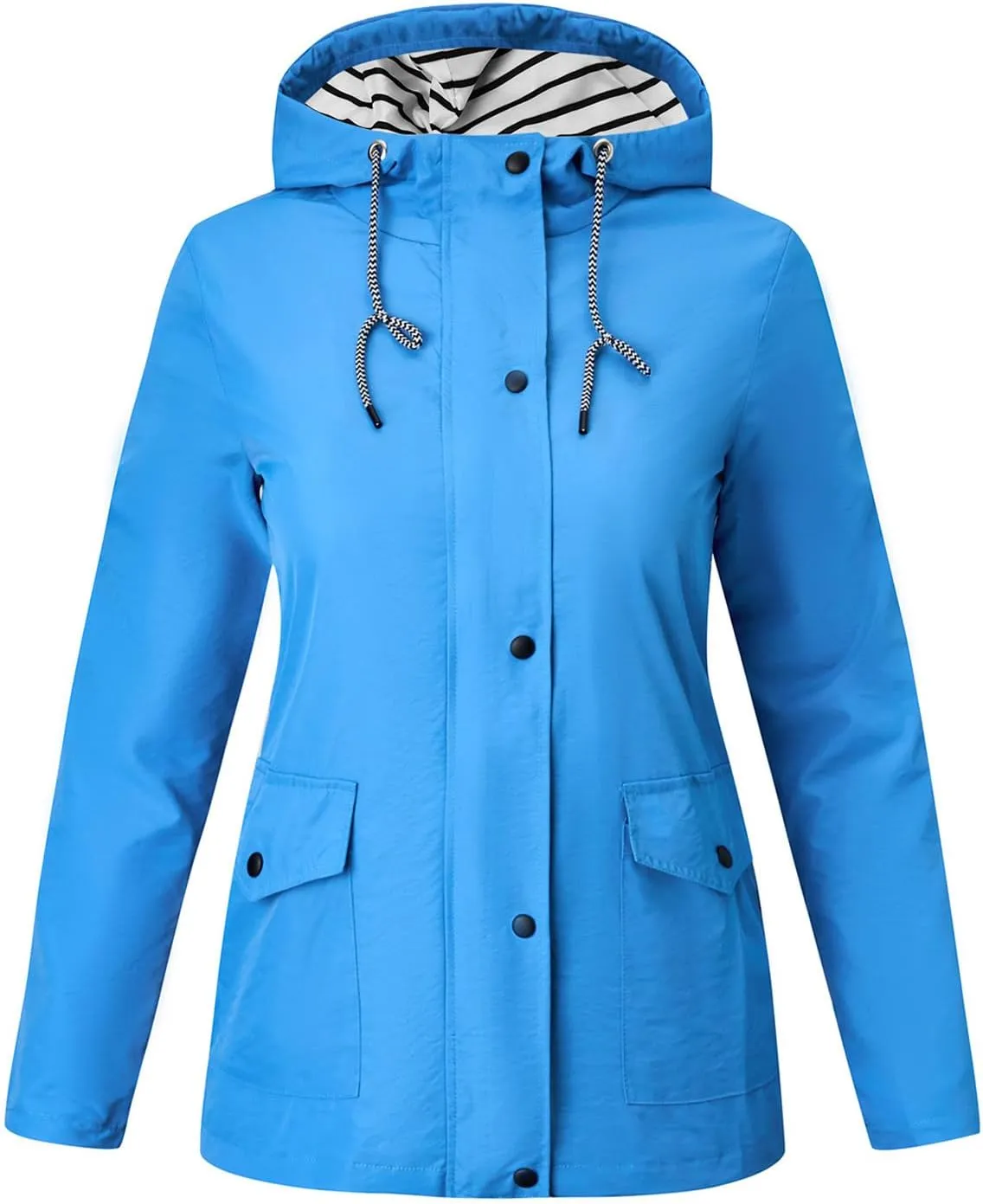 Womens Fashion Rain Jacket with Hood Plus Size Lightweight Windbreaker Zip Up Drawstring Raincoat Windproof Trench Coat
