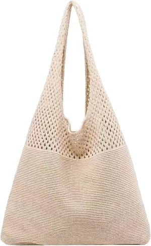 Women's Fashion Shoulder Bags Cute Hobo Tote Handbags Mini Clutch Purses with Zipper Closure Fashion Beach Bag(Beige)