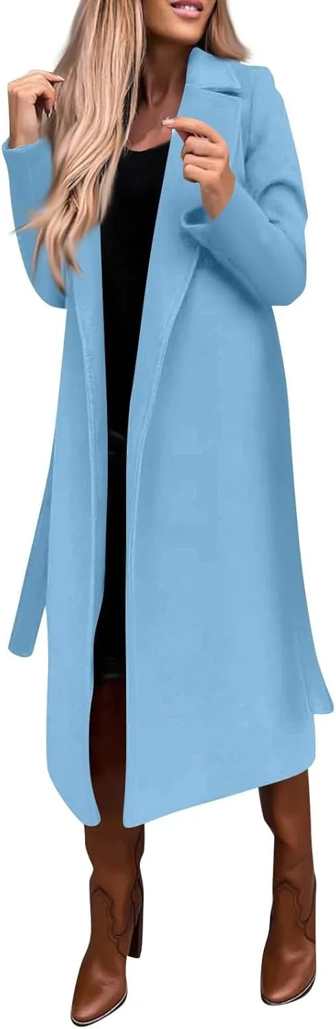 Women's Faux Wool Coat Blouse Thin Coat Trench Long Jacket Ladies Slim Long Belt Wool Hiking Winter Jackets