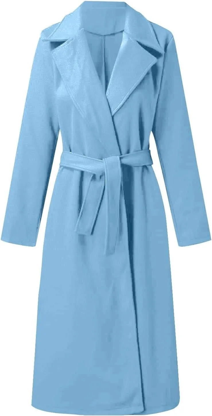 Women's Faux Wool Coat Blouse Thin Coat Trench Long Jacket Ladies Slim Long Belt Wool Hiking Winter Jackets