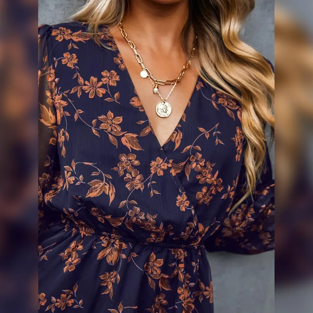 Women's Floral Print Chiffon A-Line Mini Dress Long Peasant Sleeves Spring Wedding Guest Dress Fit Tea Party Cocktail Dress