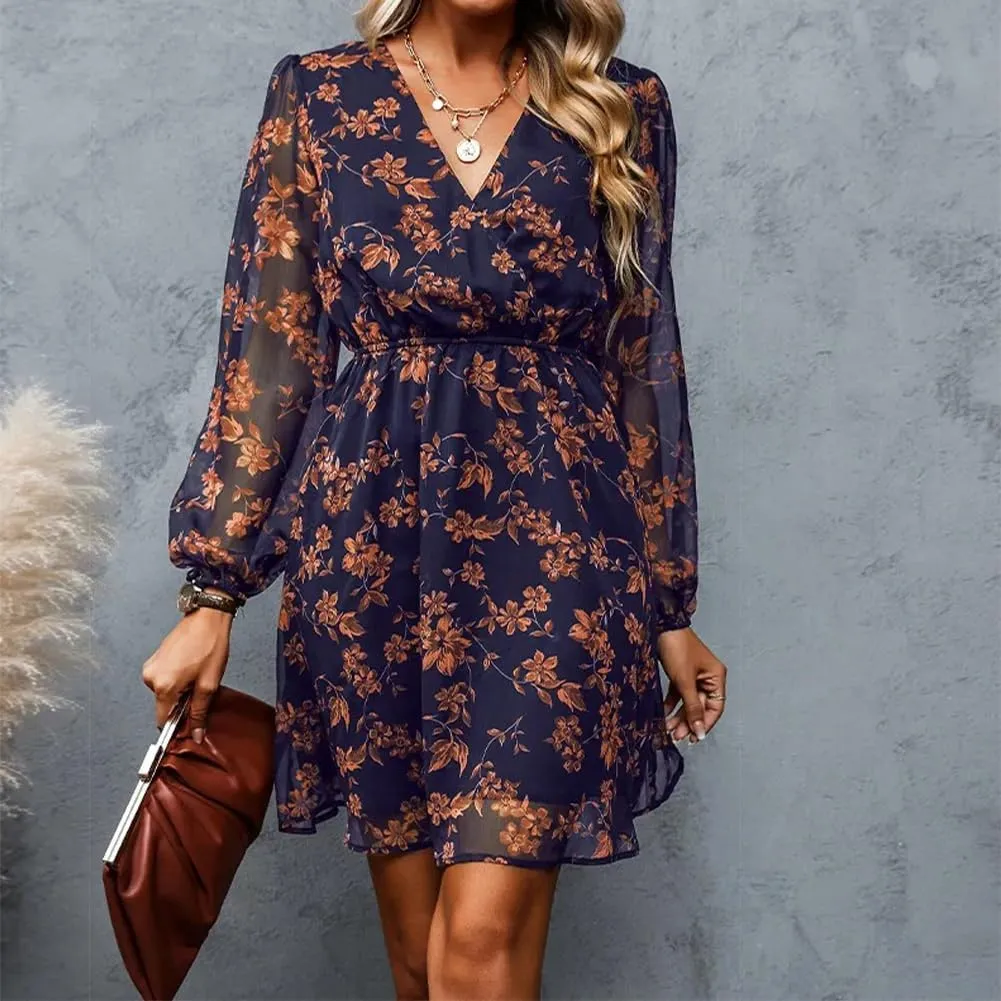 Women's Floral Print Chiffon A-Line Mini Dress Long Peasant Sleeves Spring Wedding Guest Dress Fit Tea Party Cocktail Dress