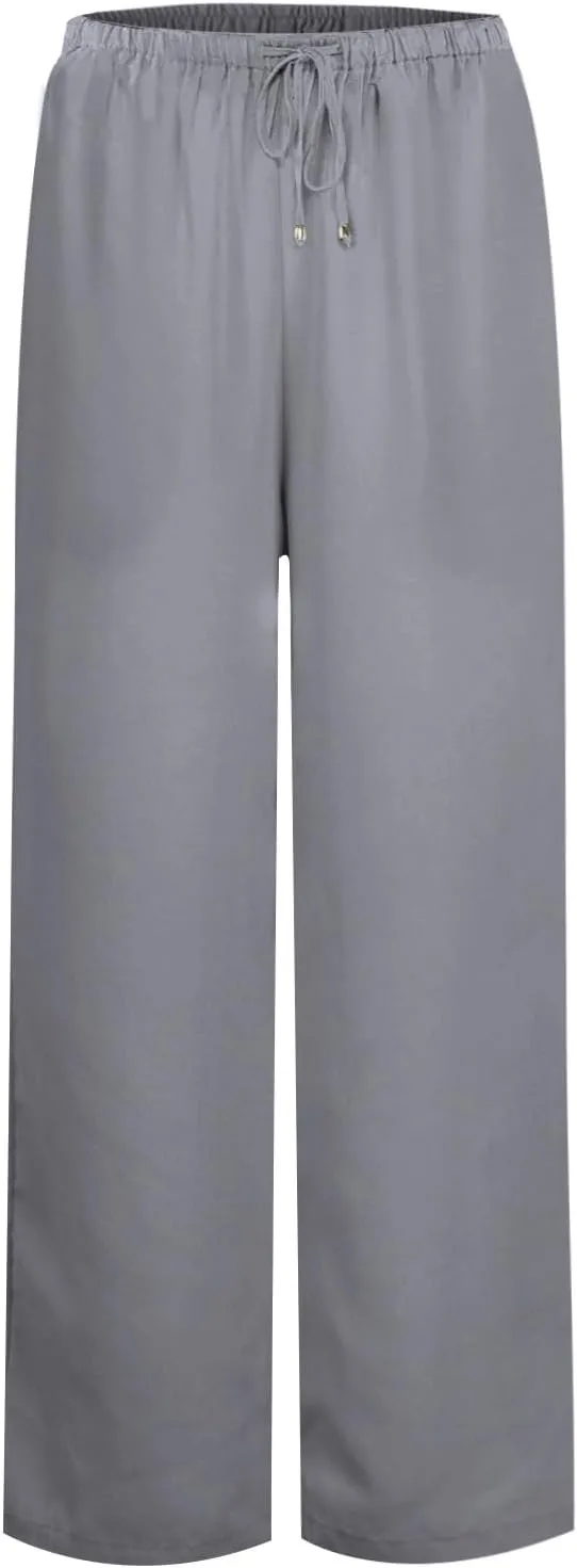 Womens Gauze Pants Cotton Linen Summer Flowy High Waisted Beach Palazzo Pants Lightweight Paperbag Pants with Pocket