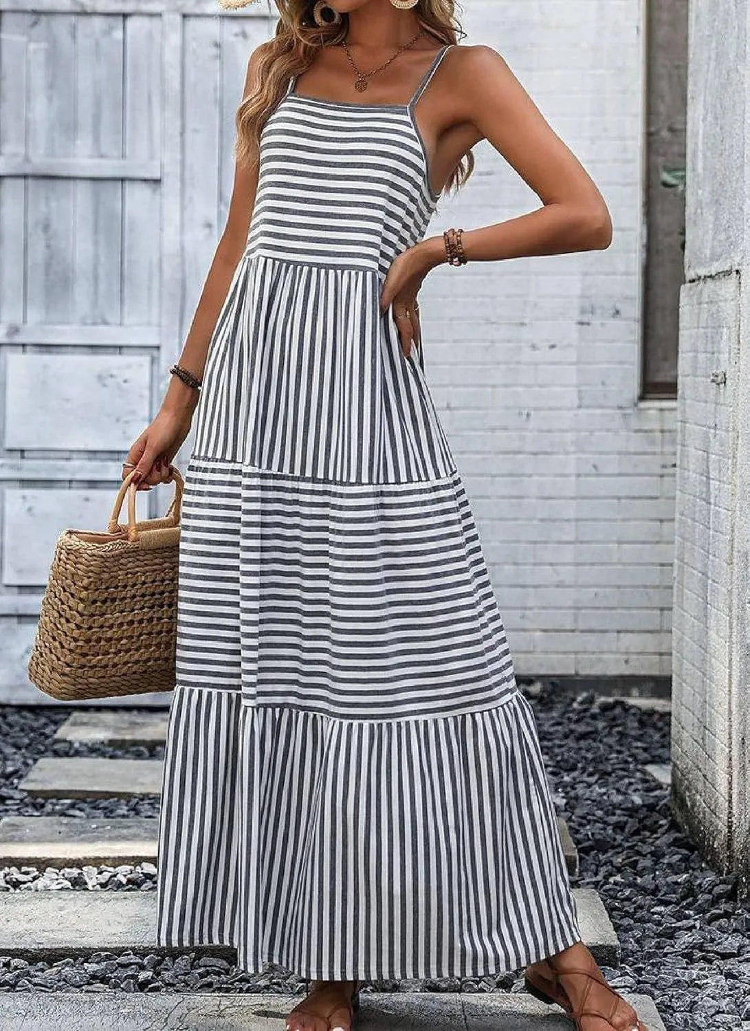 Women's Grey Striped Straps Neck Sleeveless Tiered Maxi Dress 2025 Summer Casual Flowy Beach Sundress Daily Dress