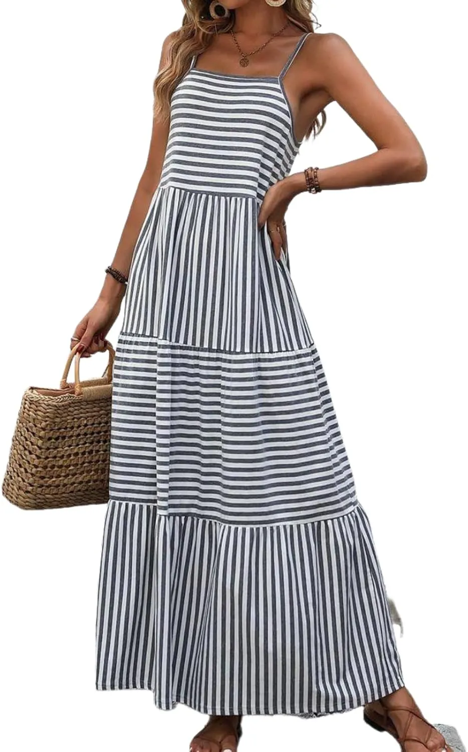 Women's Grey Striped Straps Neck Sleeveless Tiered Maxi Dress 2025 Summer Casual Flowy Beach Sundress Daily Dress