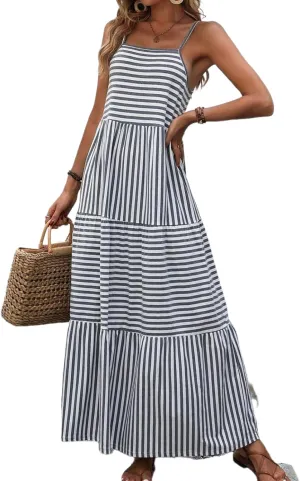 Women's Grey Striped Straps Neck Sleeveless Tiered Maxi Dress 2025 Summer Casual Flowy Beach Sundress Daily Dress