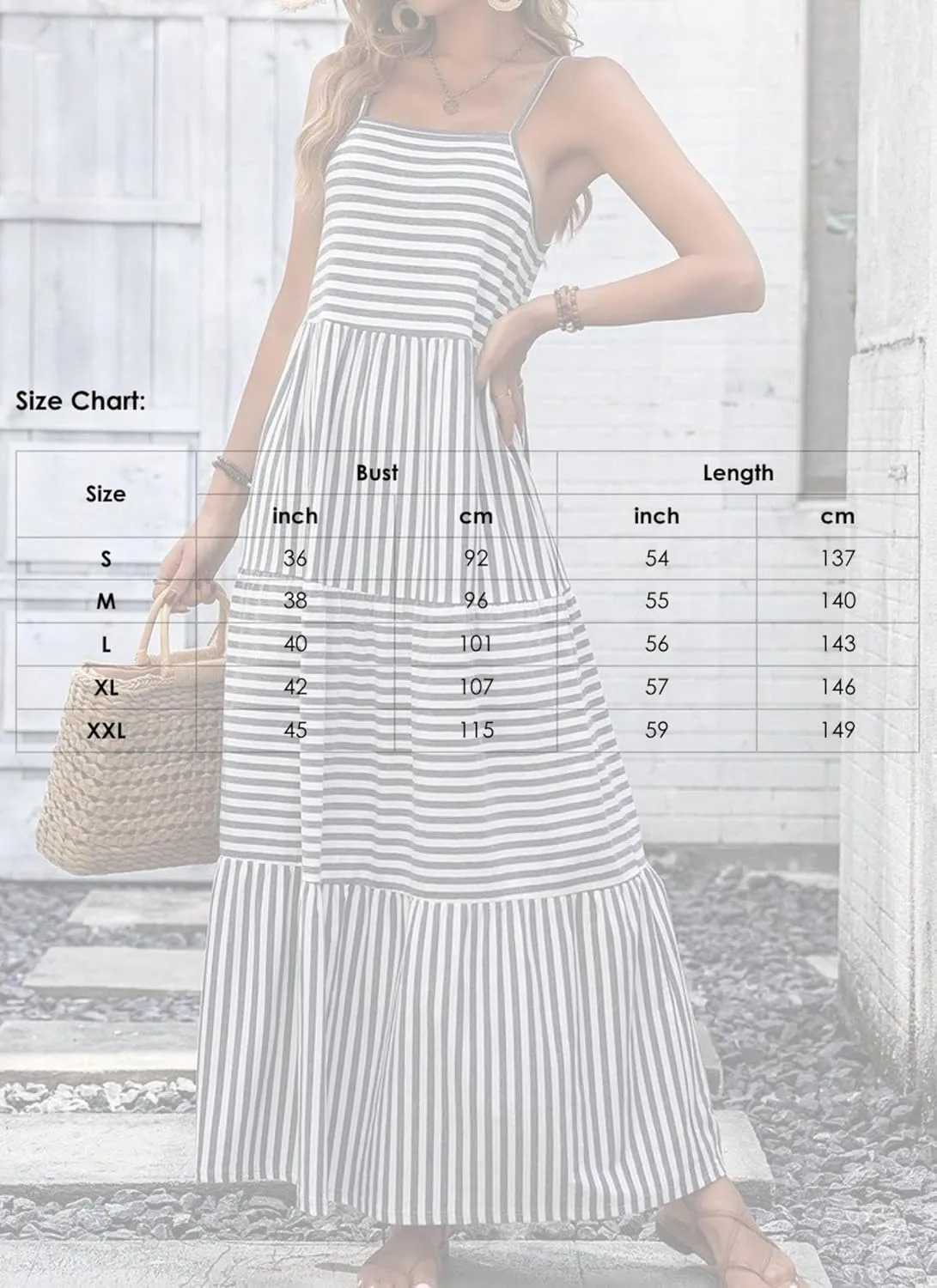 Women's Grey Striped Straps Neck Sleeveless Tiered Maxi Dress 2025 Summer Casual Flowy Beach Sundress Daily Dress