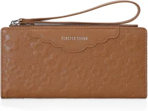 Women's Leather Wallet, Large Capacity Clutch with Phone Holder, Floral Embossed Design, Elegant Travel Purse Wristlet