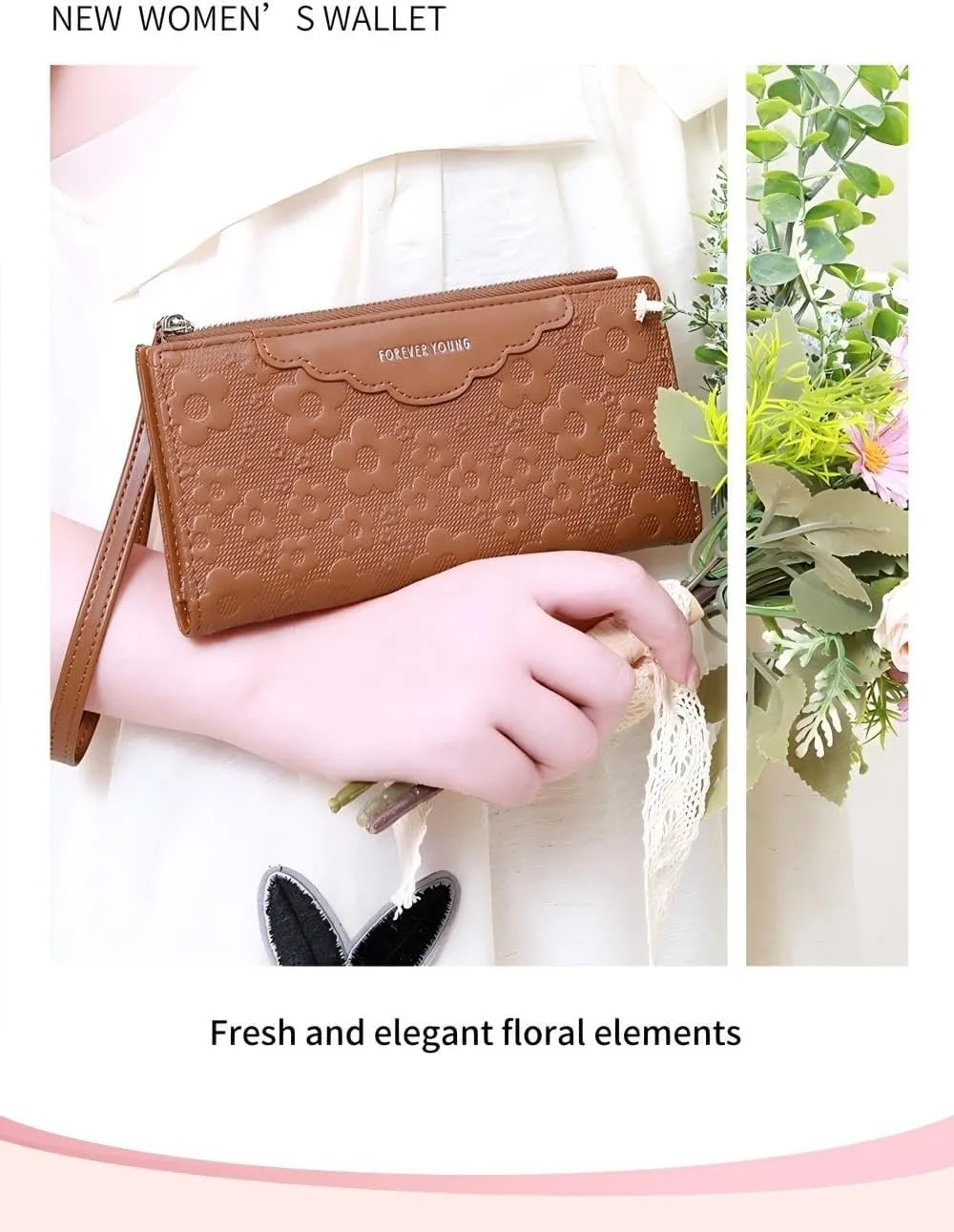 Women's Leather Wallet, Large Capacity Clutch with Phone Holder, Floral Embossed Design, Elegant Travel Purse Wristlet