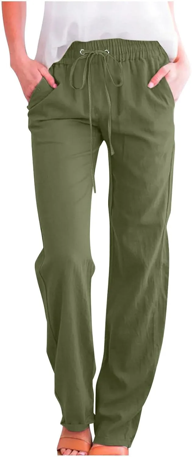 Womens Linen Blend Summer Letter Patched Pants Low Waist Wide Leg Slim Fit Trousers Office