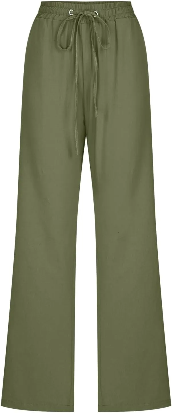 Womens Linen Blend Summer Letter Patched Pants Low Waist Wide Leg Slim Fit Trousers Office