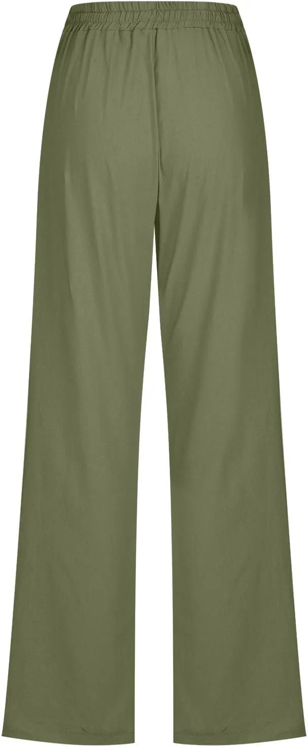 Womens Linen Blend Summer Letter Patched Pants Low Waist Wide Leg Slim Fit Trousers Office