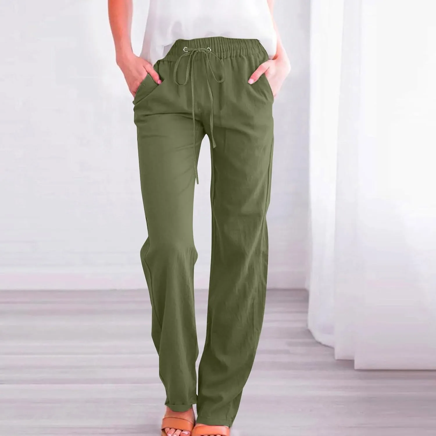 Womens Linen Blend Summer Letter Patched Pants Low Waist Wide Leg Slim Fit Trousers Office