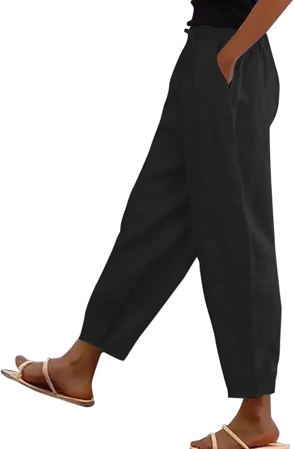 Women's Linen Capri Pants with Drawstring Petite Summer Beachwear 2025 Lightweight Elastic Waist Pants with Pockets