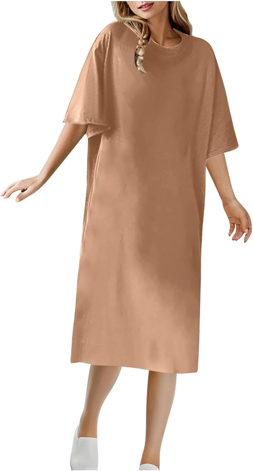 Women's Oversized Tshirt Dresses Short Sleeve Casual Shift-Dress Summer Soft Crewneck Tunic Dress Knee Length