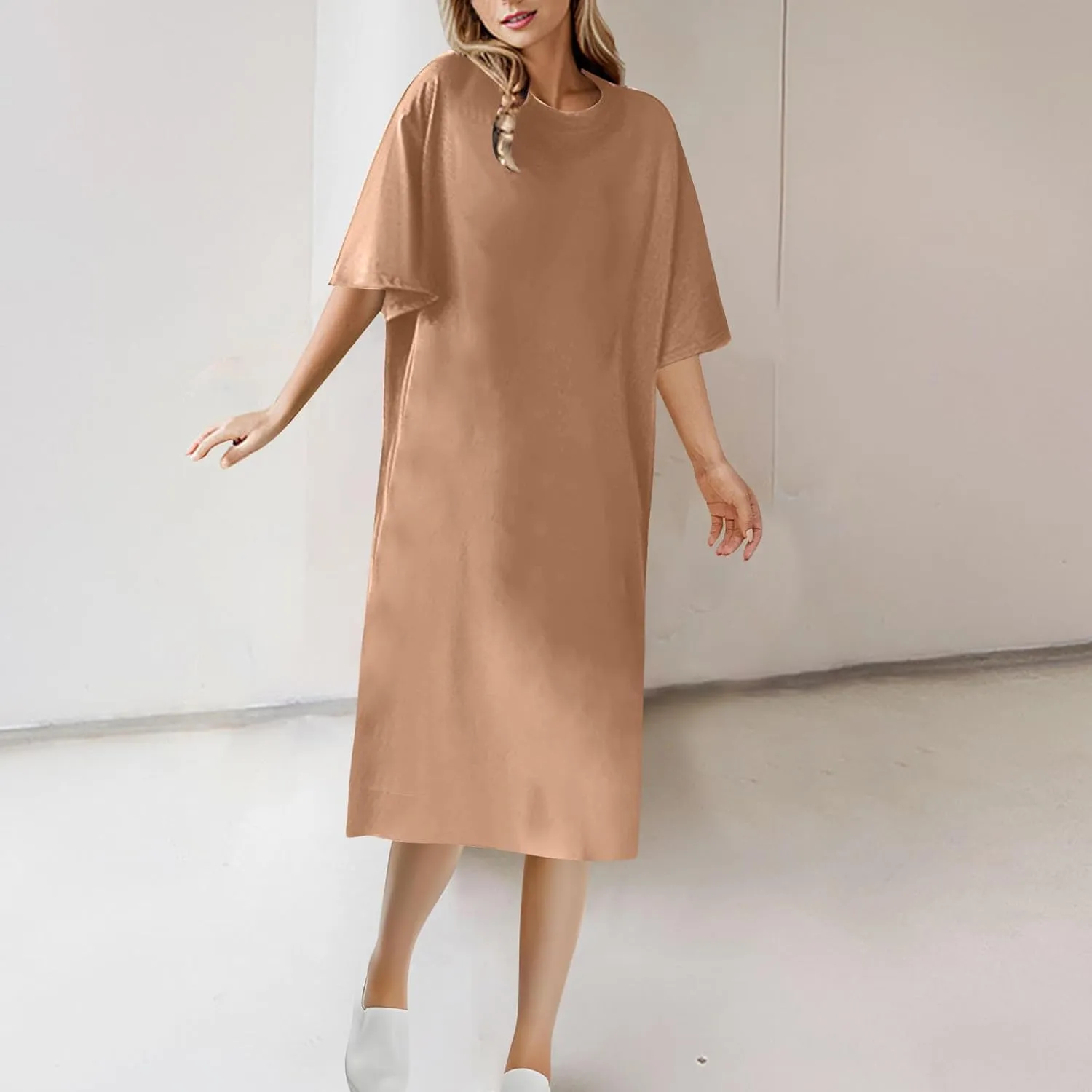 Women's Oversized Tshirt Dresses Short Sleeve Casual Shift-Dress Summer Soft Crewneck Tunic Dress Knee Length
